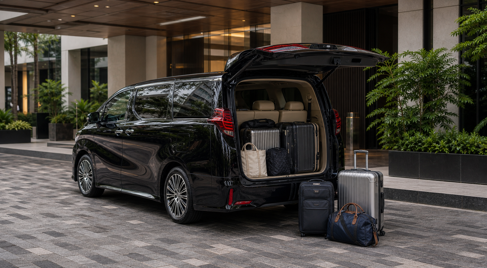Generic Malaysia city hotel pickup with MPV and luggage for long-distance Malaysia to Singapore route planning