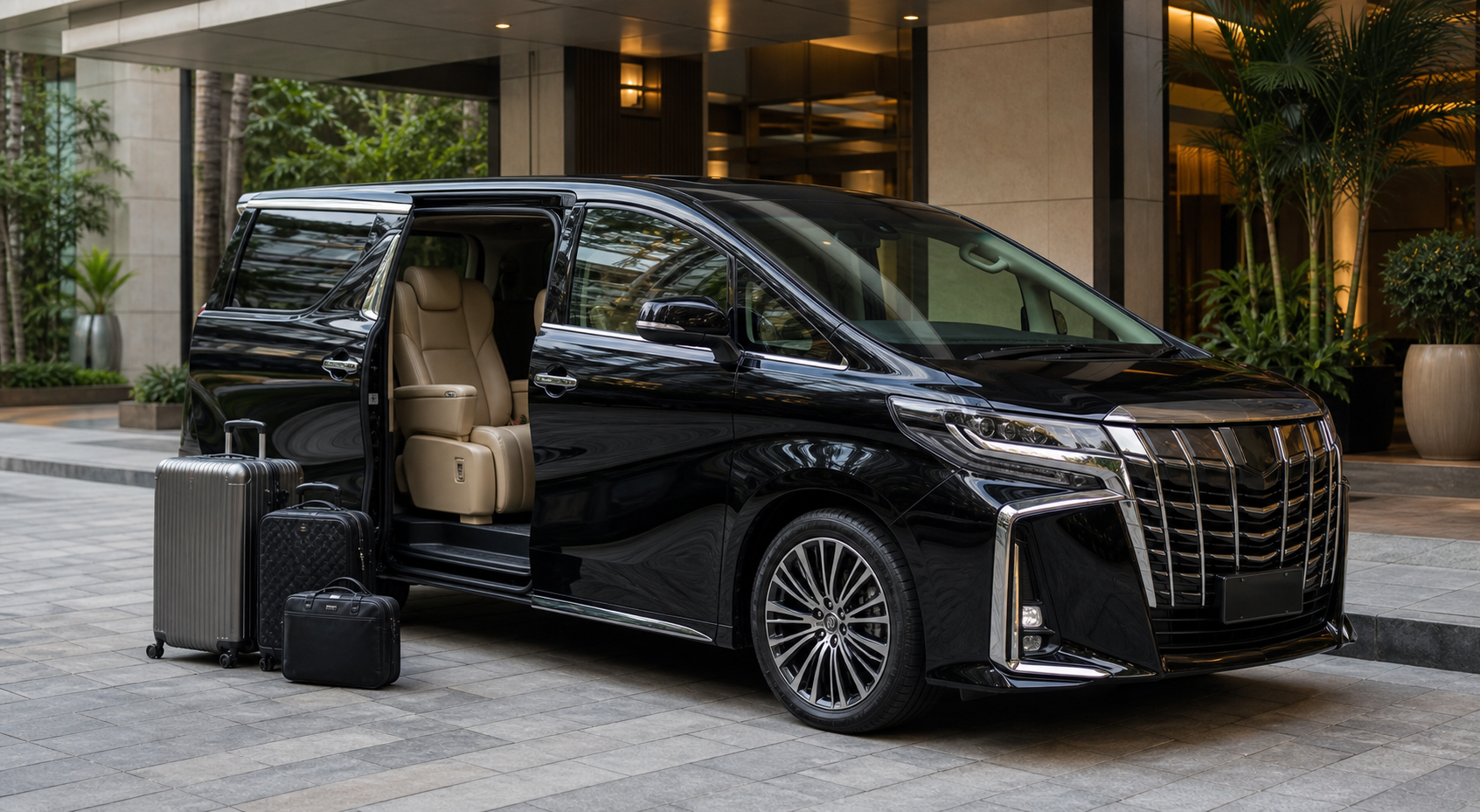 Toyota Alphard 30z-style MPV with luggage at a Malaysia hotel pickup for Singapore transfer planning