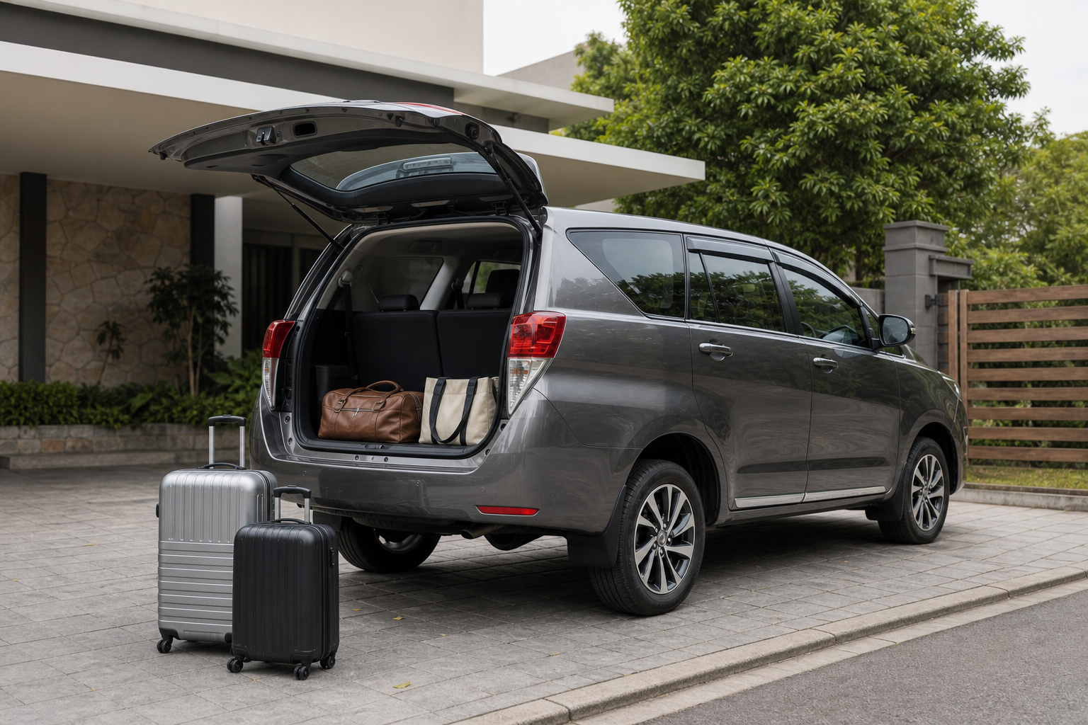 Toyota Innova-style MPV with luggage at a Malaysia residence pickup for Singapore transfer planning